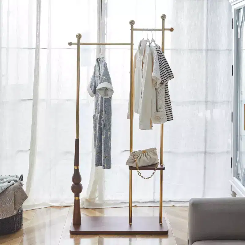 Hall Tree with Wooden Shelves and Stainless Steel Frame, Industrial Coat Rack with Elegant Design, Coat Tree for Living Room, Bedroom, Gold