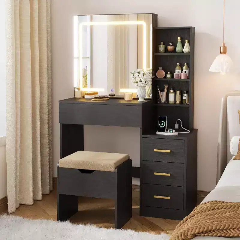 DobleePy Modern Vanity Desk with Sliding Mirror & LED Lights, 4 Drawers, 7 Shelves, Charging Station & Stool, Makeup Dressing Table for Bedroom