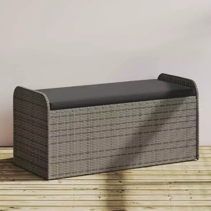 Storage Bench Grey PE rattan, powder-coated steel, polyester