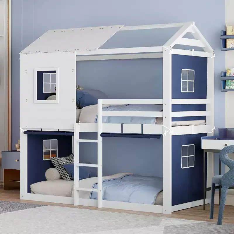 Twin/Full Size Bunk Wood House Bed with Tent, Fun Playhouse Design for Kids - ModernLuxe