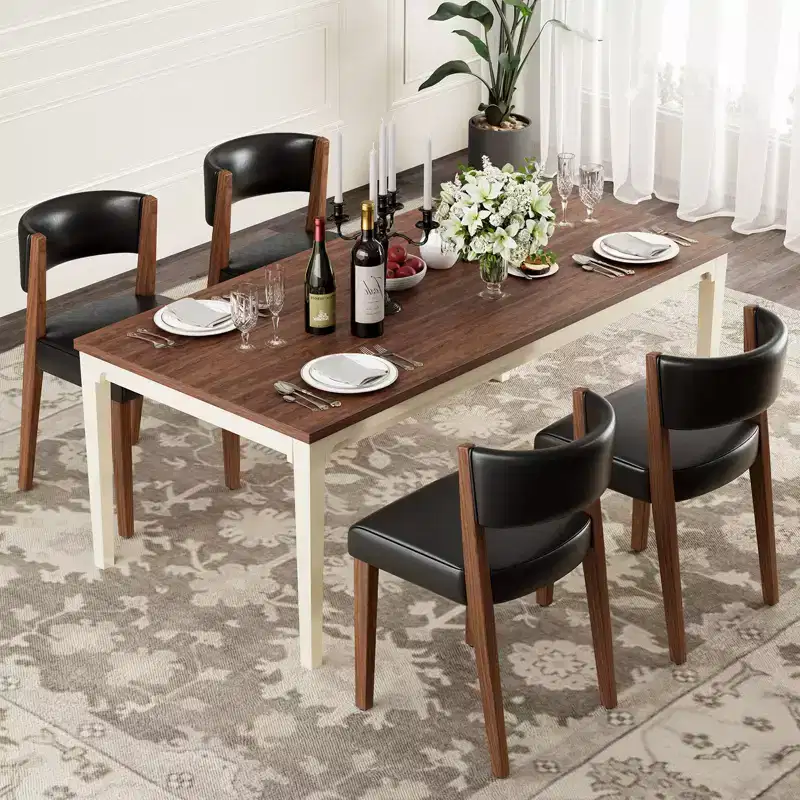 Upholstered Dining Chairs, Mid-Century Modern Fabric Chairs with Curved Backrest and Pine Wood Legs