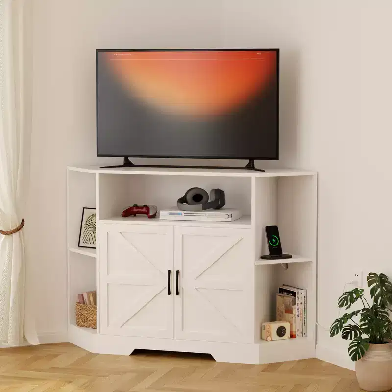 Corner TV Stand for TVs Up to 55 Inch with Power Outlet, Farmhouse Corner TV Cabinet with Storage Cabinets Shelves, Modern Entertainment Center
