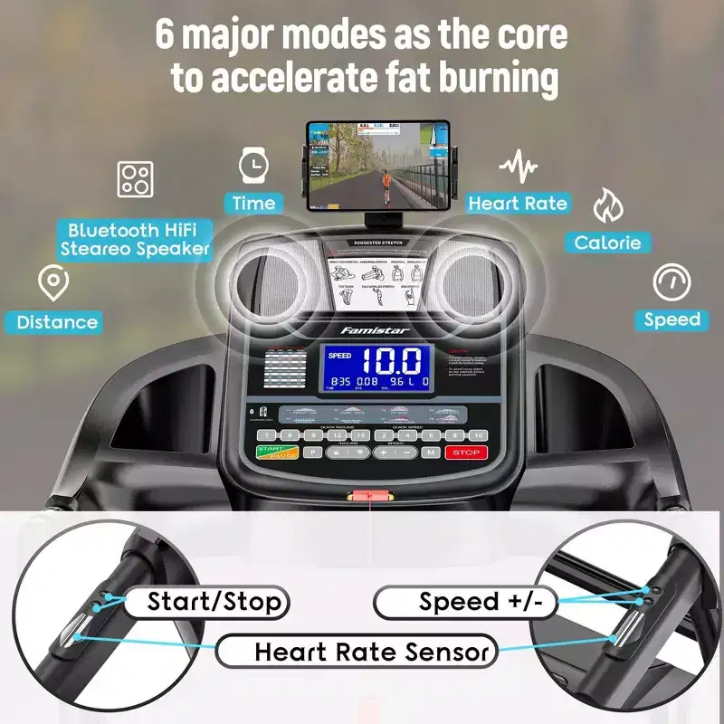 Folding Treadmill with Auto Incline  4.8HP Motor, 20% Incline, Heart Rate Monitor, Bluetooth Speakers, 300 lb Capacity