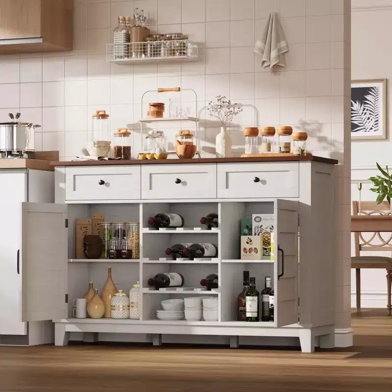 53.5 in Farmhouse Buffet Cabinet with Storage, Storage Cabinet with 3 Drawer, Reversible Wine Rack, Farmhouse Sideboard with Adjustable Shelf