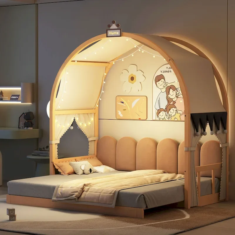 Solid Wood Playhouse Platform Bed Floor Montessori Bed Frame with Arched Roof and Trundle for Girls and Boys