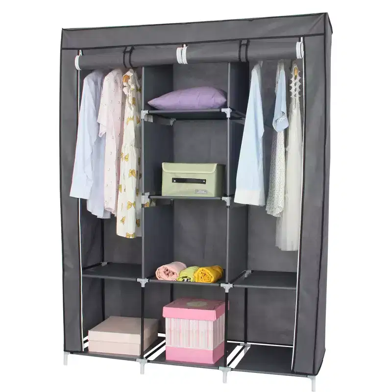 Portable Wardrobe Closet Organizer with Cover, 8 Shelves & 2 Hanging Rods, Grey
