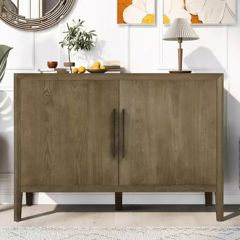 Wooden storage cabinet/dining cabinet with two metal handles and two doors, suitable for hallways, entrances, and living rooms.