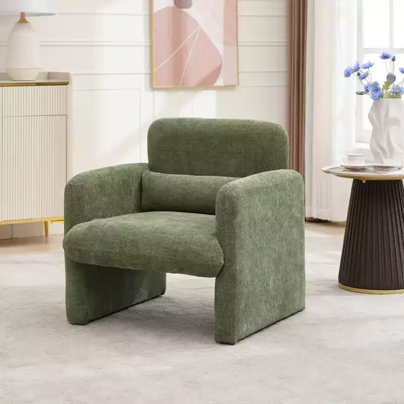 Modern Accent Chair with Arms, Soft Chenille Upholstered Single Sofa, Comfortable Reading Lounge Chair with Waist Pillow for Living Room, Bedroom