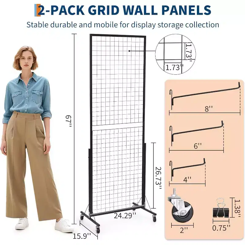 Black Movable Grid Wall Panel Display Stand, Triangle T-Base & Bonus Hooks, for Retail & Home