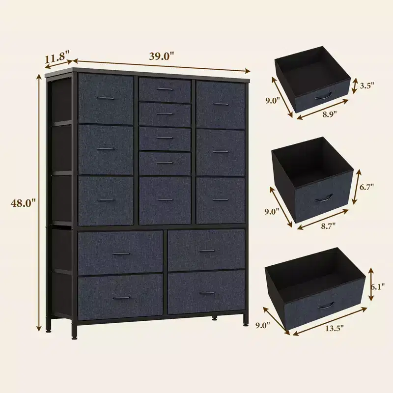 15-Drawer Fabric Storage Tower, Tall Dresser with Steel Frame and Wood Top for Bedroom Closet Hallway Organization