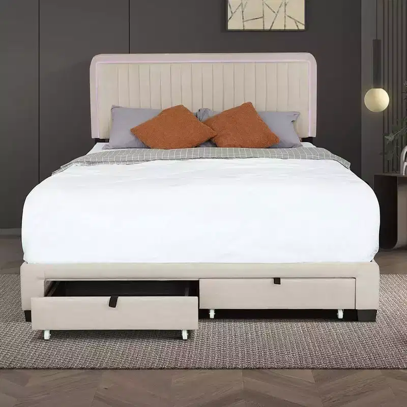 Queen Size Upholstered Bed Frame, 43.5''/ 47.5'' Adjustable Tufted Headboard, 2 Drawers, Storage for Bedroom, Beige