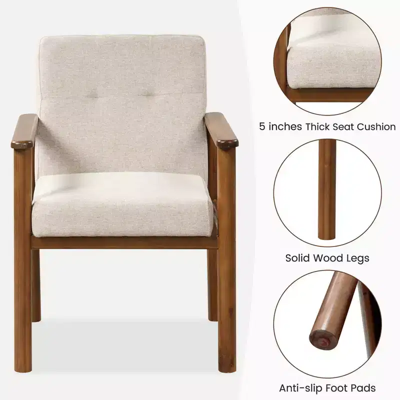 Modern Accent Chair Upholstered Linen Fabric Armchair with Solid Wood Legs