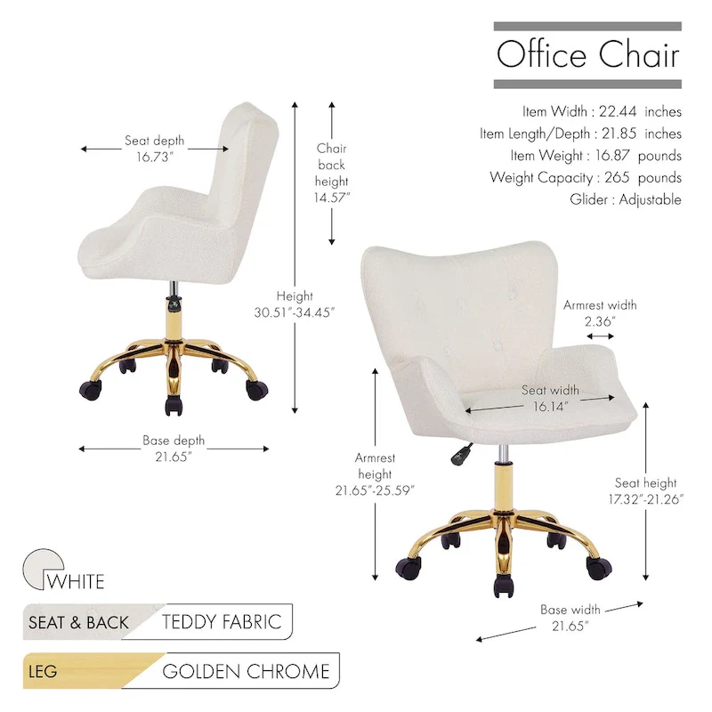 Swivel Office Chair with Teddy Fabric and Gold Chrome Legs