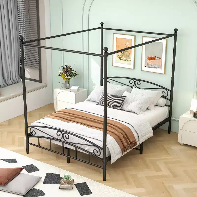 Canopy Metal Bed Frame with Vintage Headboard and 12.4 Under-Bed Storage