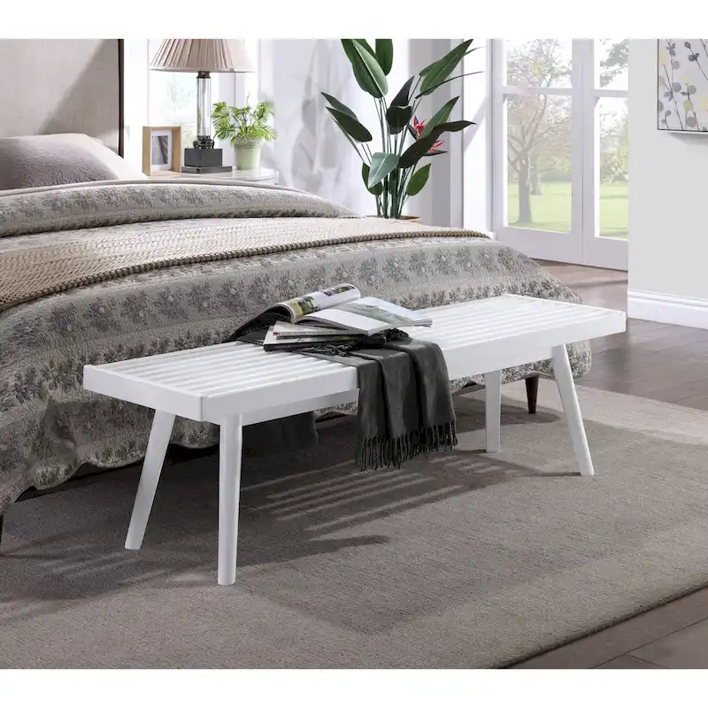 Solid Wood Slatted Bench – White, 56.30W x 16.50D x 17.50H