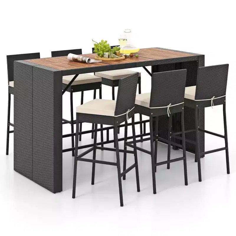 Costway 7 Pieces Patio Bar Set with Acacia Wood Tabletop & Removable Cushions Outdoor