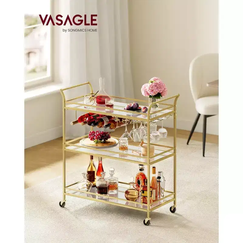 3-Tier Gold Bar Cart with Mirrored Shelves, Serving Cart with 4 Wine Bottle Holders & 3 Glass Racks, Locking Wheels for Kitchen Living Room, Gold