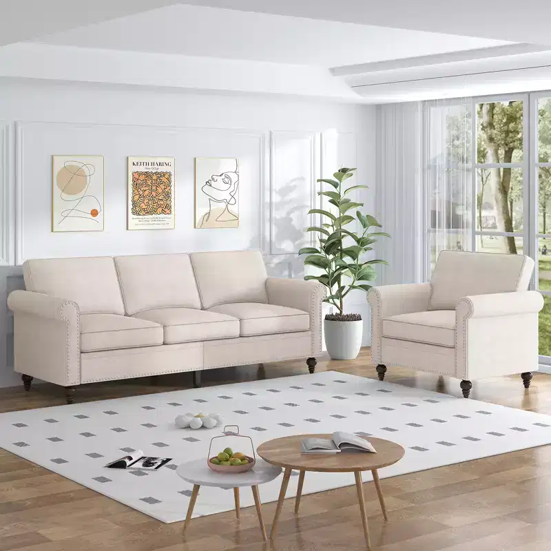 Mjkone Modern Linen Fabric 3-Seater Sofa Couch with Single Sofa Chair with Rivet Design for Living Room,Bedroom,Apartment,Office