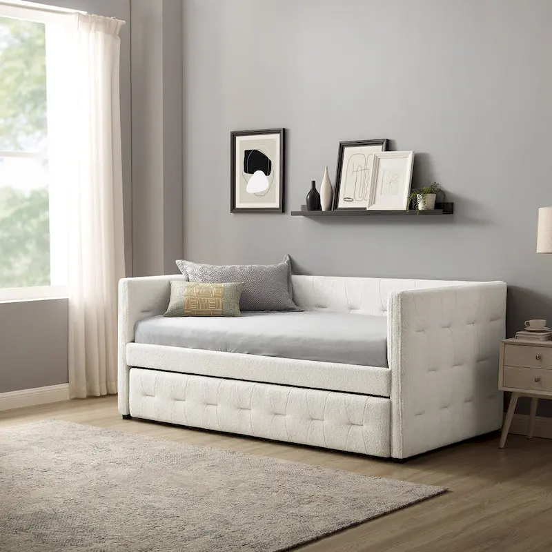 Camel / White / Grey Tufted Velvet Daybed with Pull-Out Trundle, Sleeps 2