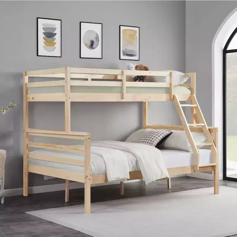Twin over Full Bunk Bed with Ladder,Wooden Bunk Bed with High Guardrail ,No Box Spring Needed,Natural