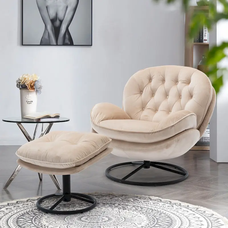 Beige Modern 31.7 Swivel Accent Chair with Ottoman