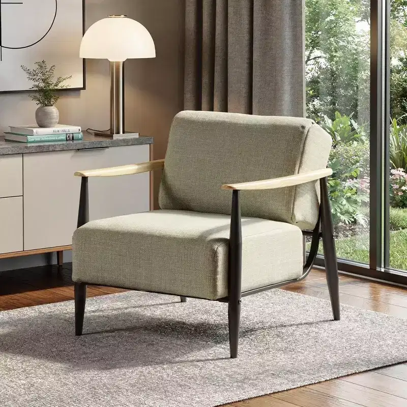 HomeRoots 28 Beige Black and Natural Upholstered Cushion and Solid Wood Arm Chair
