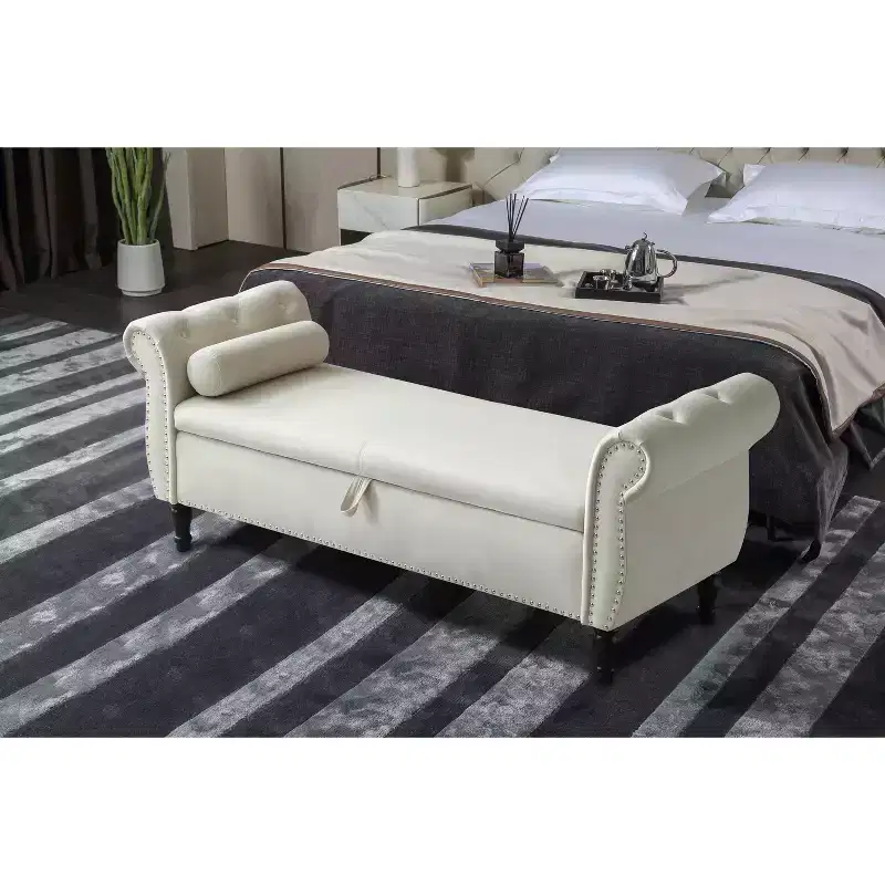 TUYOHW Velvet Storage Bench with Buttons Tufted and Nailhead Decoration, Storage Ottoman with Wood Legs and 1 Pillow, End Of Bed Storage Bench