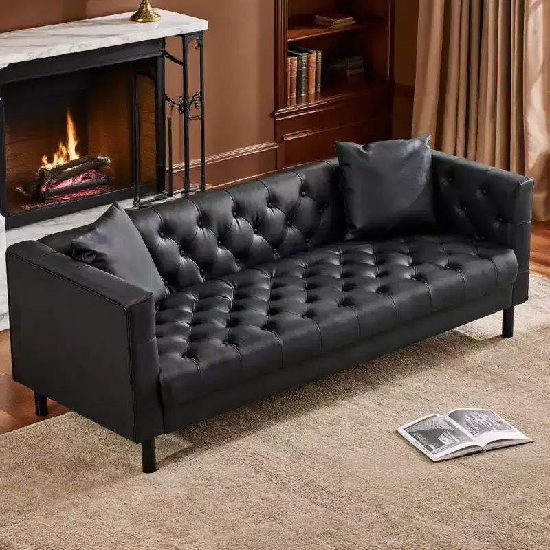78 Leather Couch, Handmade Button Tufted 3 Seater Sofa, Chesterfield Sofa with Deep Seat and 2 Pillows, Leather Sofa , Charcoal Black