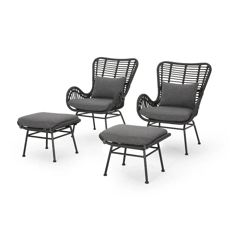 Chalet Outdoor Modern Boho Wicker Chat Set with Ottomans by Christopher Knight Home