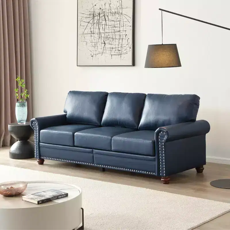 3-Seat Sofa with Round Arm Silver Nails, Faux Leather Couch for Living Room and Office, Navy Blue