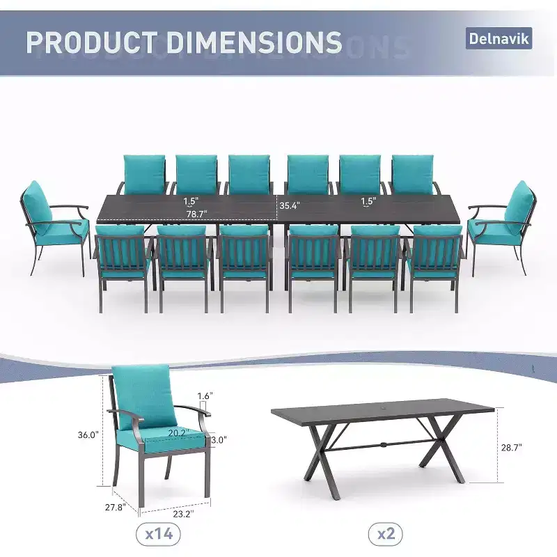 ALAULM 16 Piece Patio Dining Set Outdoor Furniture, Metal Patio Furniture Set 14 Fixed Chairs and 2 Large Tables with Umbrella for Garden