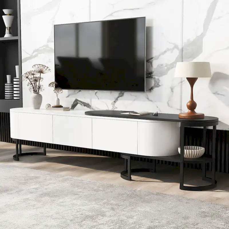 Extendable TV Stand with 3 Drawers and Metal Adjustable Legs (Fits TVs up to 75 Inches)