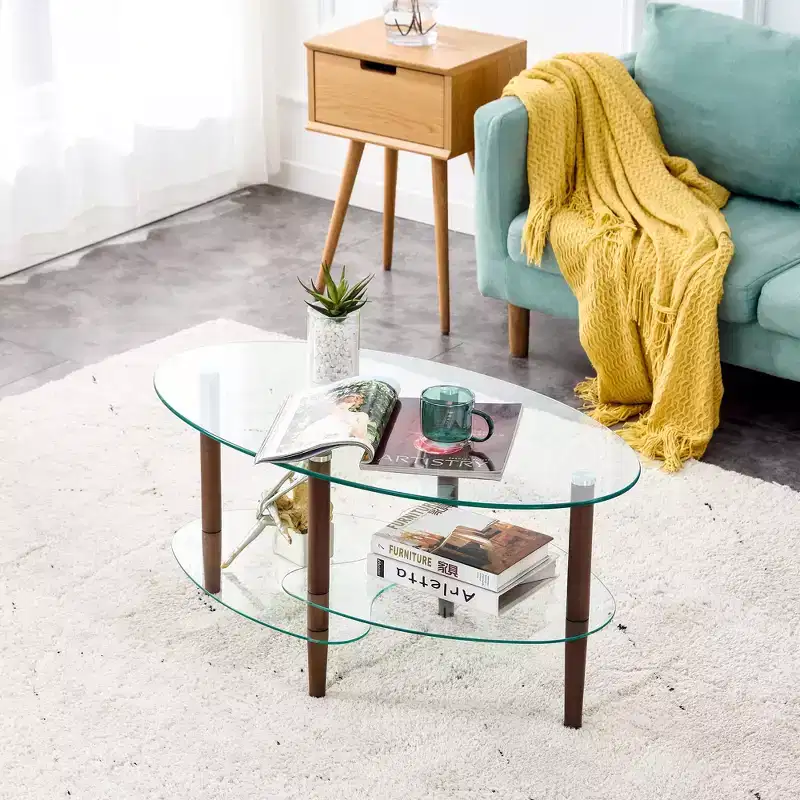 Oval 3-Tier Glass Coffee Table with Oak Legs, Modern Tempered Glass Center Table for Living Room