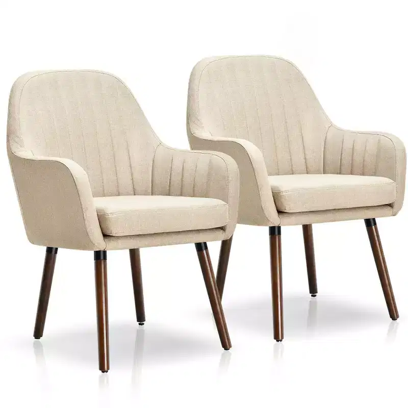 Set of 2 Fabric Upholstered Accent Armchairs with Wooden Legs, Beige/Gray
