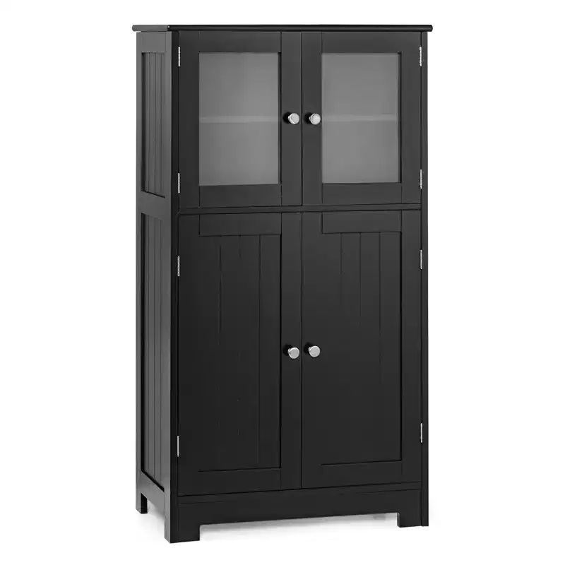 4-Door Floor Storage Cabinet with Adjustable Shelf & Tempered Glass - Black/Brown