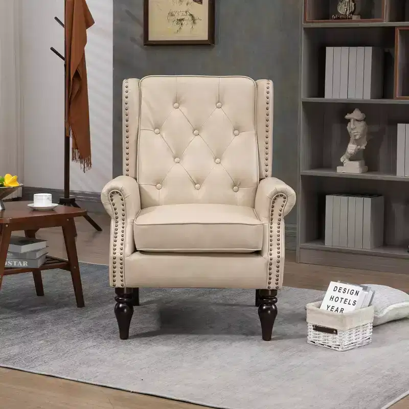 Wood Frame Armchair, Sturdy Wood Legs, Living Room Bedroom, Black PU