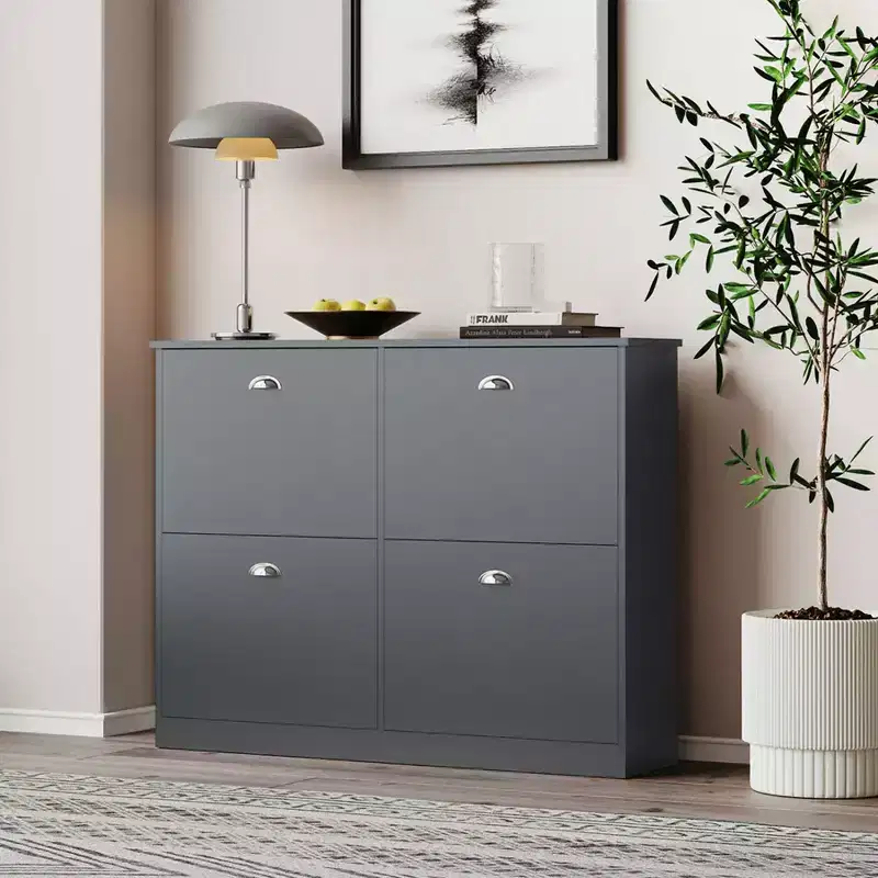 Okak Mid-Century Narrow Hidden Shoe Cabinet Side Board with 4 Flip Drawers,Freestanding Shoe Rack for Foyer, Entrances