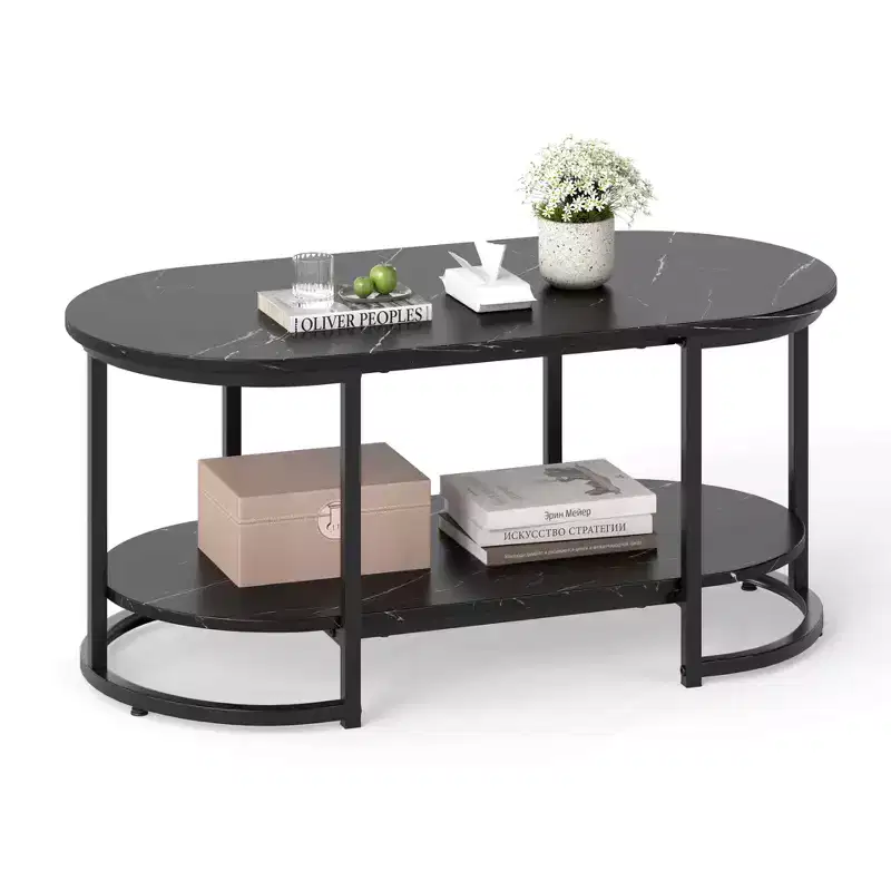 White Marble Coffee Table, Modern 2-Tier Center Table with Open Storage Shelf