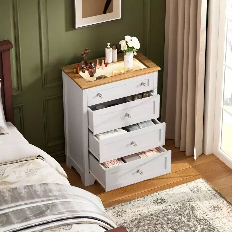 White 4-Drawer Dresser with LED Lighting & Antique Handles