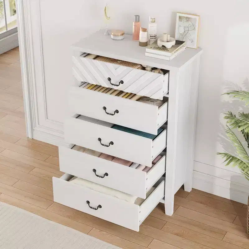 TROPOW Farmhouse 5 Dresser for Bedroom, 45.2 Tall Dresser, Vertical Drawer with Storage Freestanding, Wooden Closet Storage Chest for Bedroom