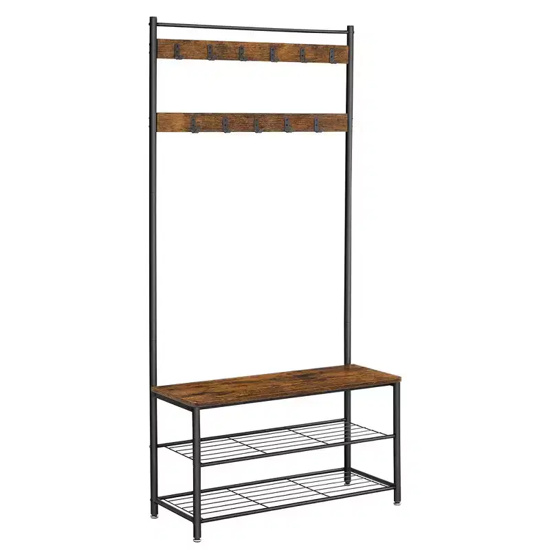 Coat Rack, Hall Tree with Shoe Storage Bench, Entryway Bench with Shoe Storage, 3-in-1, Steel Frame, Rustic Brown and Black