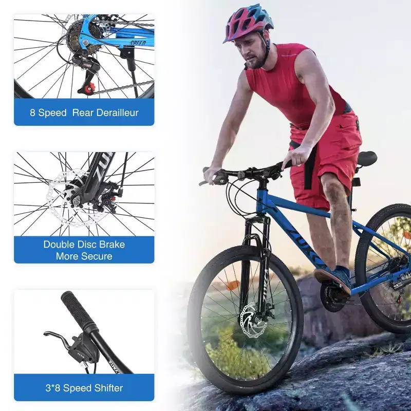 NAYSAYE 26 Inch Mountain Bike Steel Frame 24 Speed Suspension Fork Adult Bike for Outdoor Adventure, Blue, 65.75*24.41*37