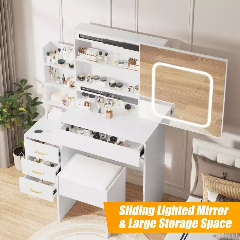 Makeup Vanity Desk With Sliding Mirror, Vanity Desk With Mirror, Dressing Table with 3 Color Adjustable Light and 4 Drawers, Stool, White