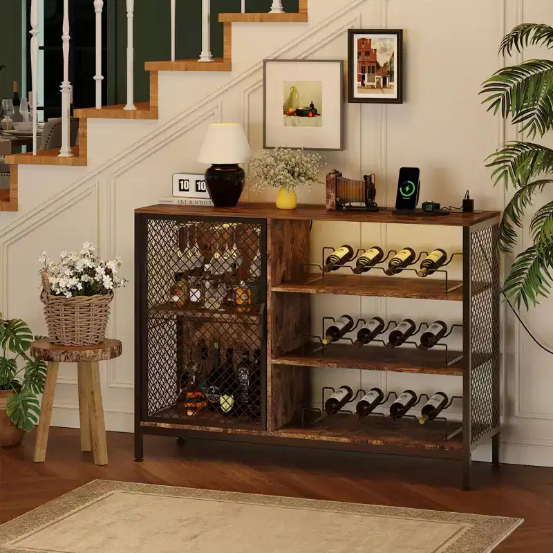 Coffee Bar Cabinet, 42/47 in Industrial Wine Cabinet with LED Lights & Power Outlets, Rustic Brown Wood with Glass Holders