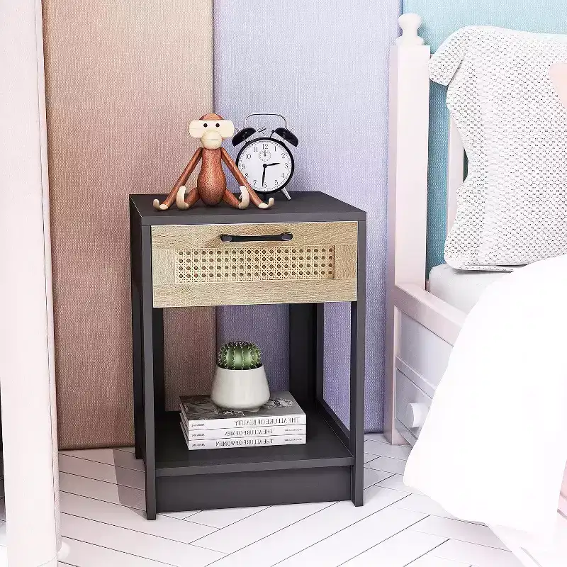 Rattan Nightstand Black Finish 1 Drawer Storage Living Room Bedroom Side Table