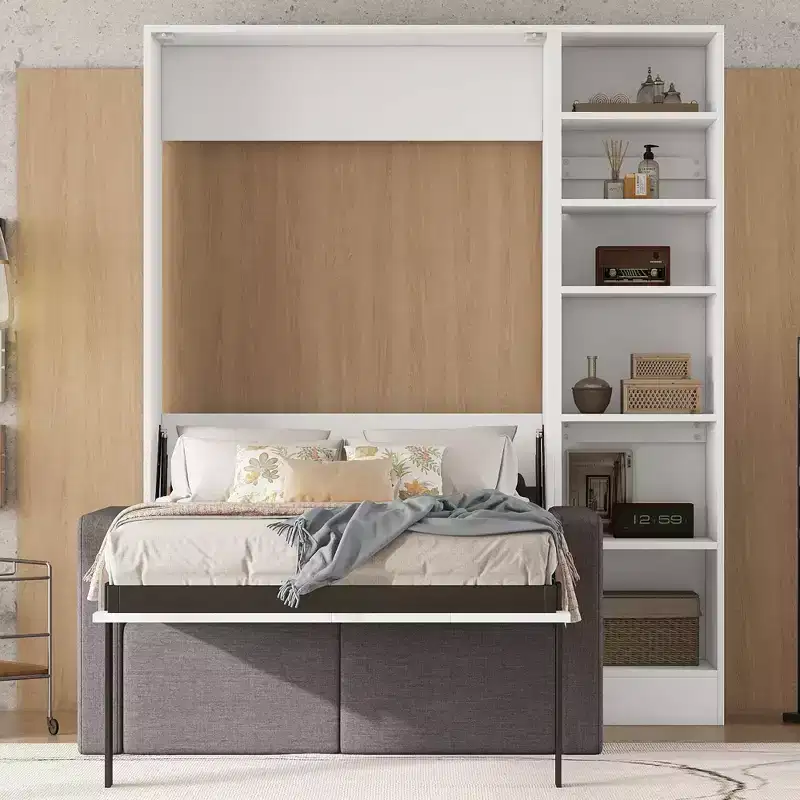 Full/Twin Murphy Bed with Sofa, Wall Bed with Cushion, Murphy Bed with Shelves for Bedroom Guestroom Small Room, White