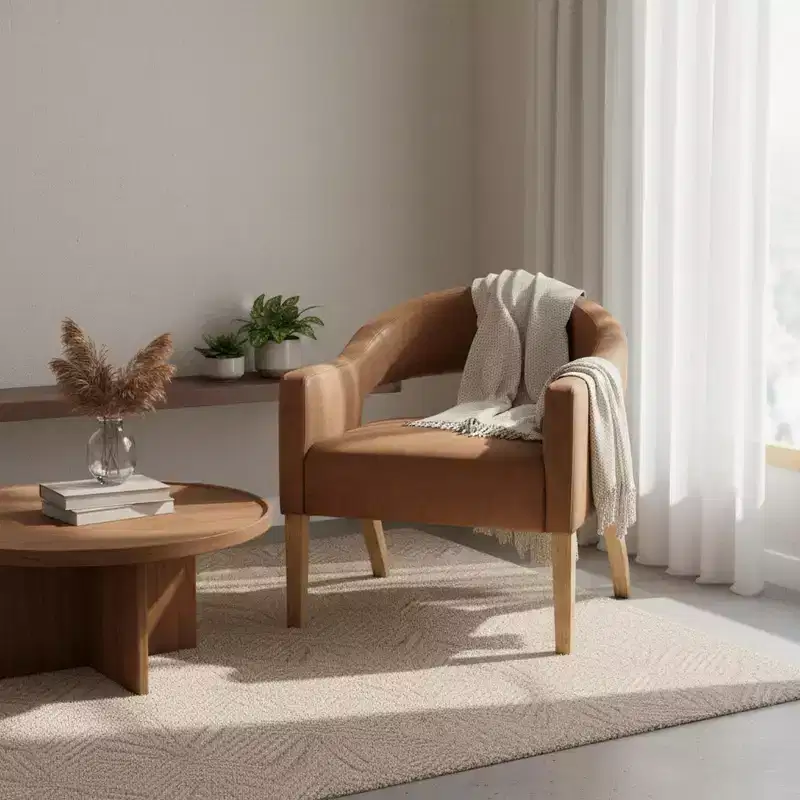 Homy Casa Modern Accent Chair with Curved Back, PU Leather Upholstery & Wood Legs