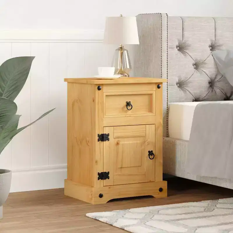Nightstand Storage Cabinet Table with Drawer  Pine