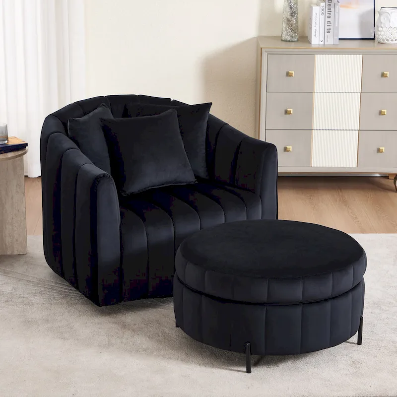 Beige / Green / Black / Navy Velvet 360° Swivel Barrel Accent Chair with Storage Ottoman for 1 Person