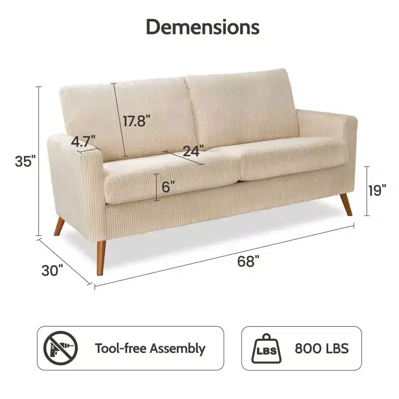 Dyonery Mid Century Modern Loveseat 68 Retro Sofa | 24 Deep Cloud Seat | Solid Wood 800lb Support